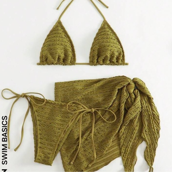 SHEIN Swim Basics Summer Beach Smocked Halter Triangle Bikini Set With Skirt - Picture 4 of 9